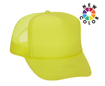 Neon polyester foam front solid and two tone color five panel high crown golf style mesh back caps