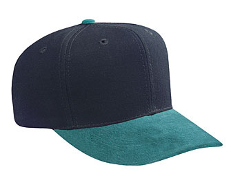 Suede visor brushed denim crown two tone color six panel pro style cap