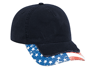 United States flag pattern distressed visor superior garment washed cotton twill withheavy stitching solid and two tone color fi