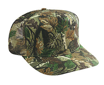 Camouflage cotton twill five panel low crown golf style mesh back caps
