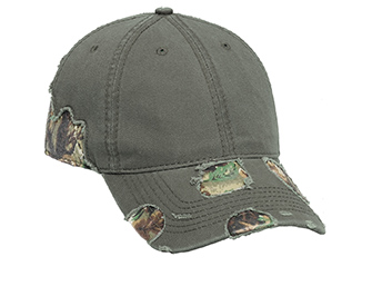 Camouflage distressed superior garment washed cotton twill two tone color six panel low profile pro style caps