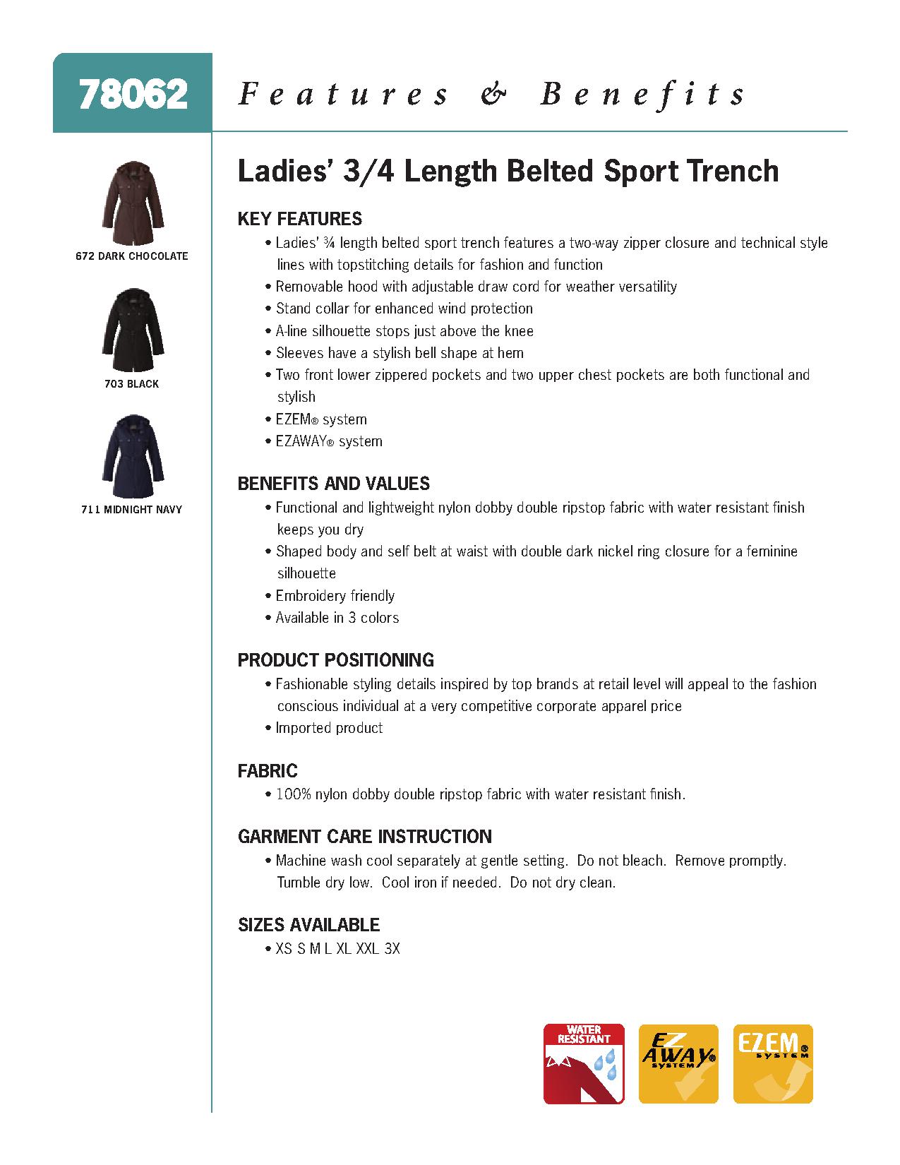 Ash City Lightweight 78062 - Ladies' Three Quarter Length Belted Sport Treench