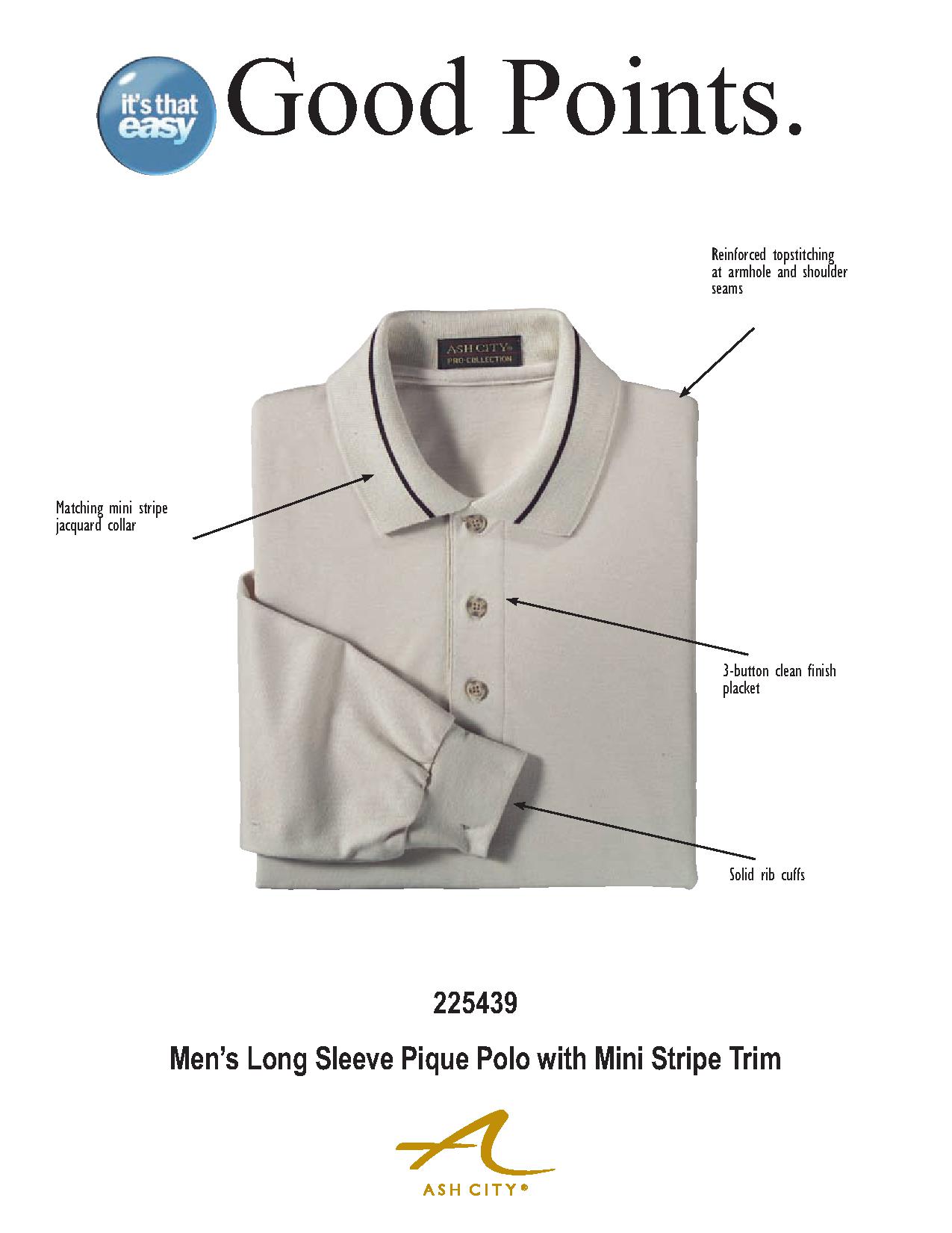 Ash City Pique 225439 - Men's Long Sleeve Pique Polo With Mini Stripe Trim