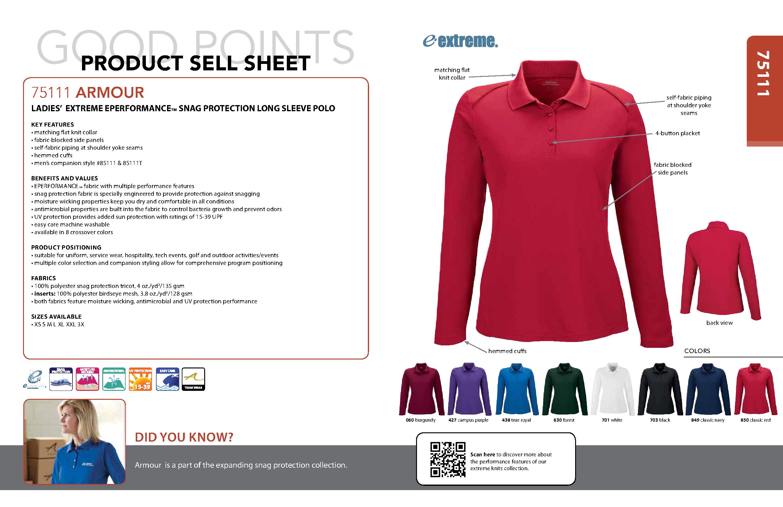 Ash City Eperformance 75111 - Armour Ladies' Eperformance Snag Protection Long Sleeve Polo