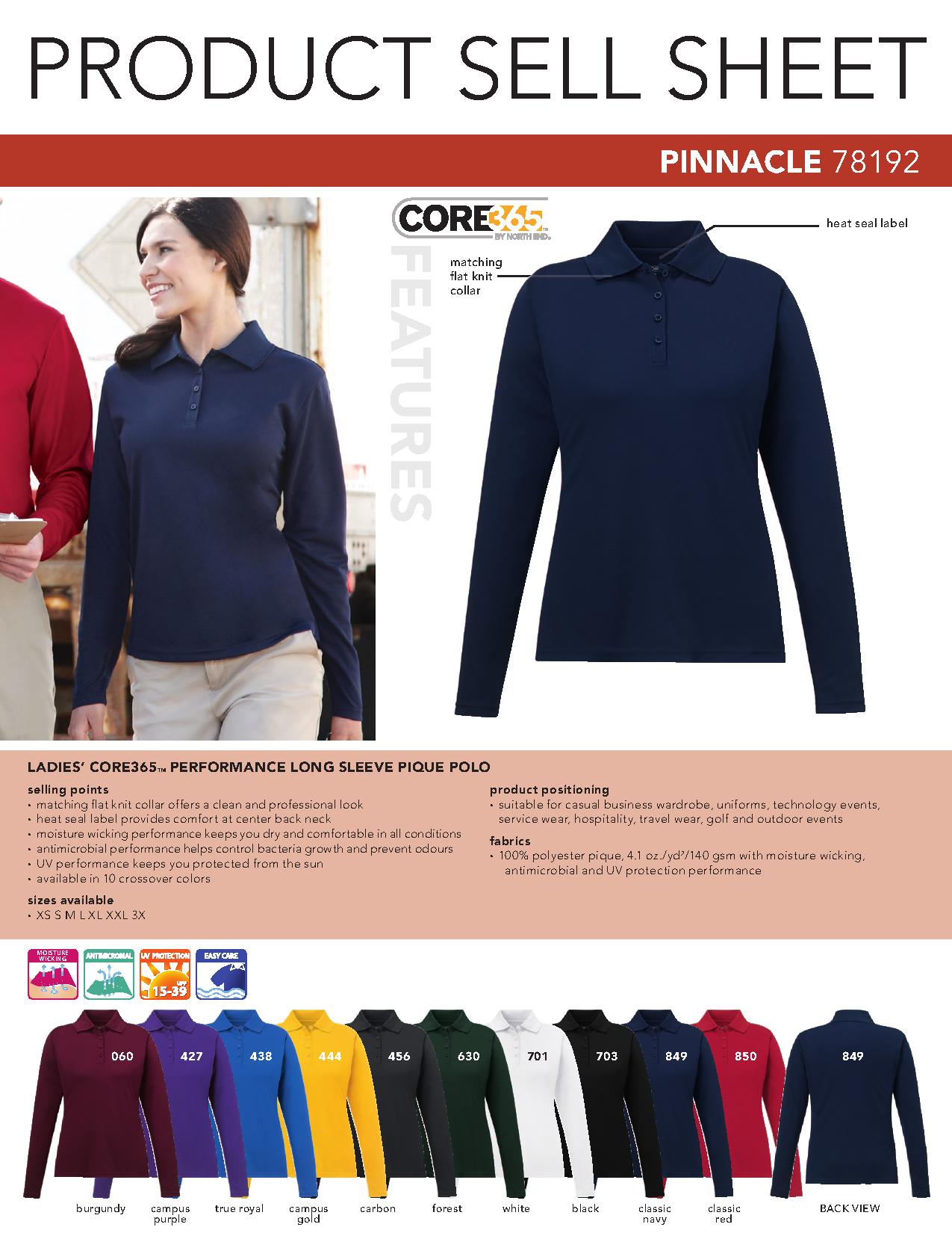 Core 365 78192 - Ladies' Pinnacle Performance Long Sleeve Pique Polo