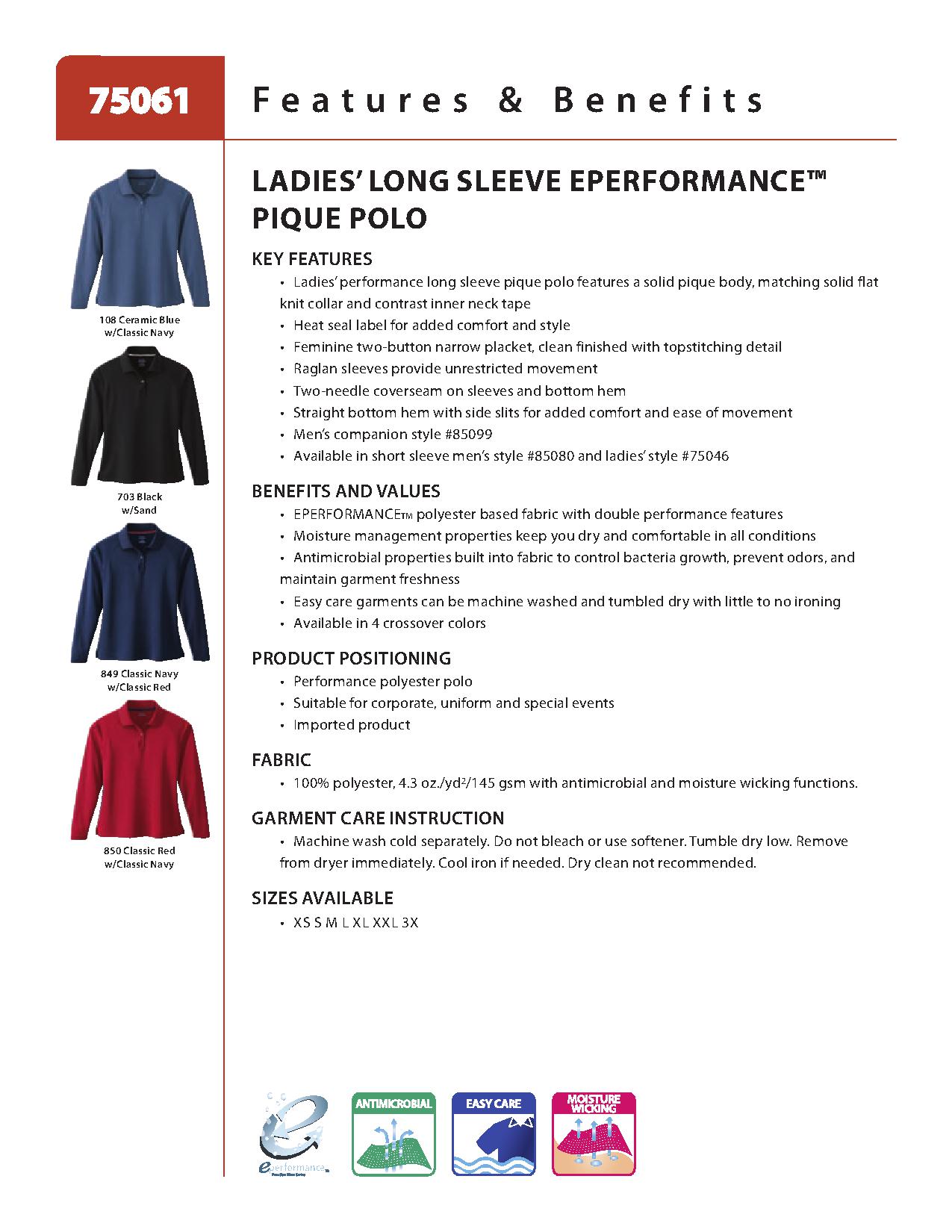 Ash City Eperformance 75061 - Ladies' Long Sleeve Eperformance Pique Polo