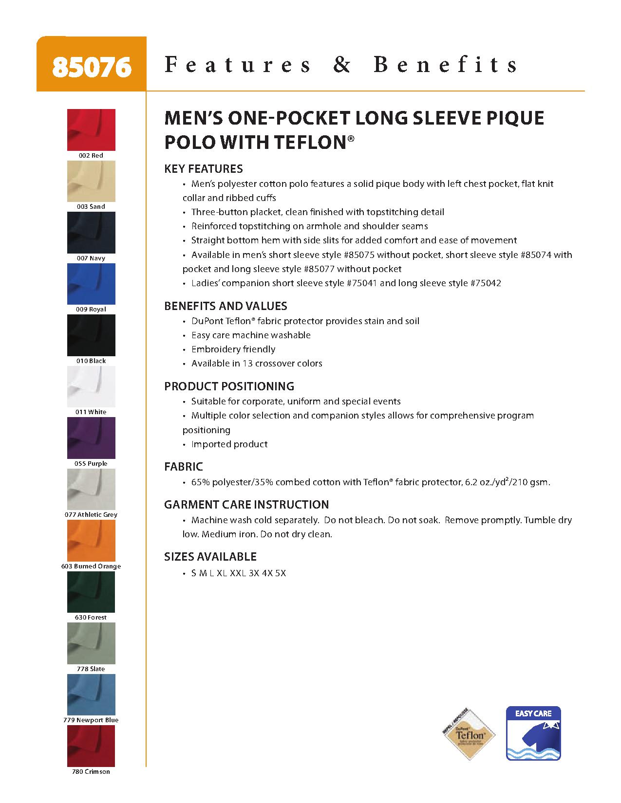 Ash City Pique 85076 - Men's One-Pocket Long Sleeve Extreme Pique Polo With Teflon