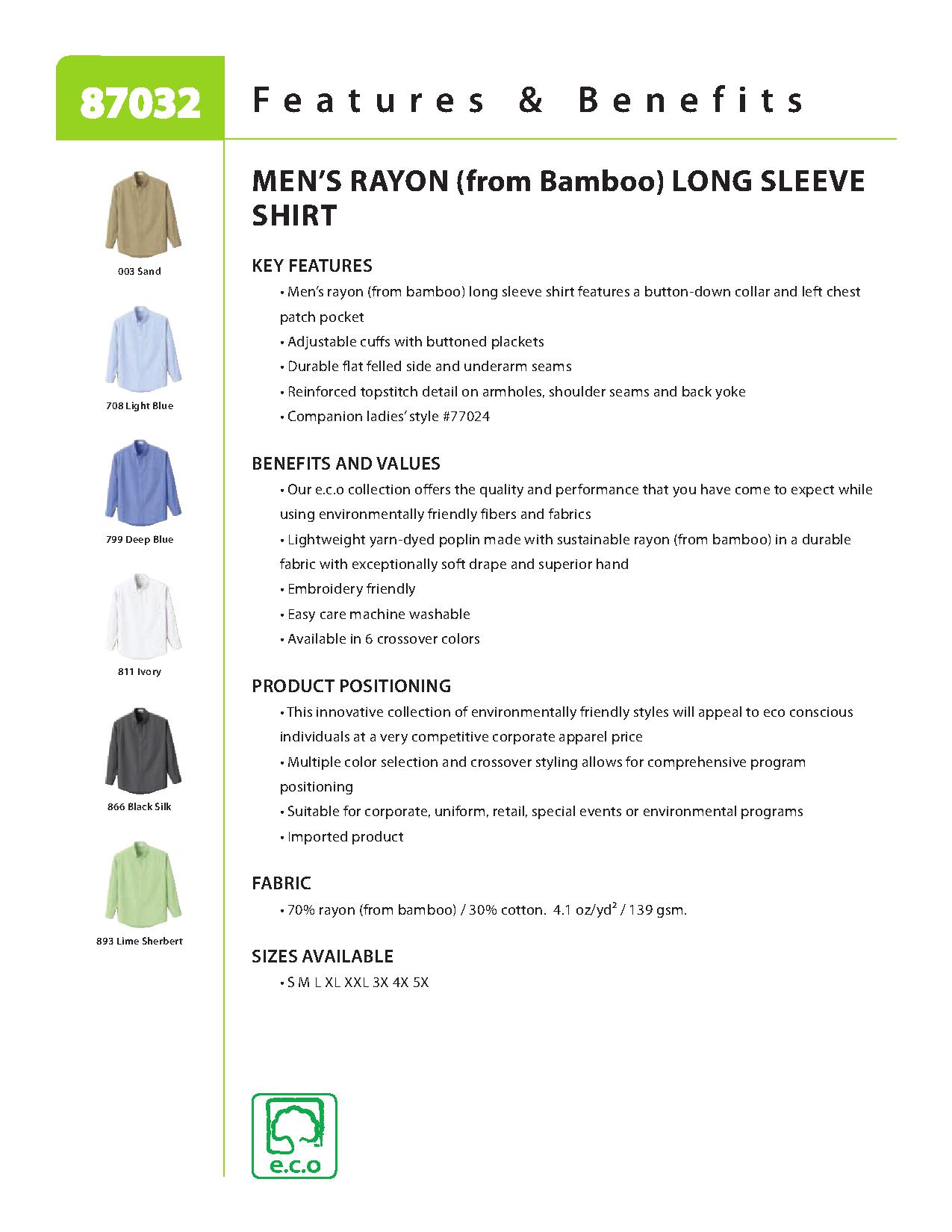 Ash City e.c.o Wovens 87032 - Men's Rayon (from Bamboo) Long Sleeve Shirt