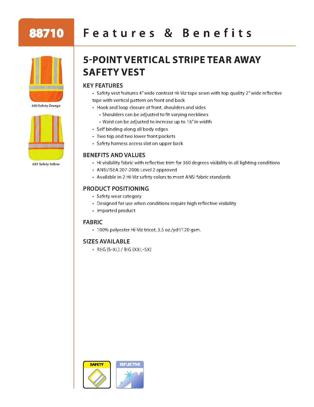 Ash City Lifestyle Vests 88710 - 5-Point Vertical Stripe Tear Away Safety Vest