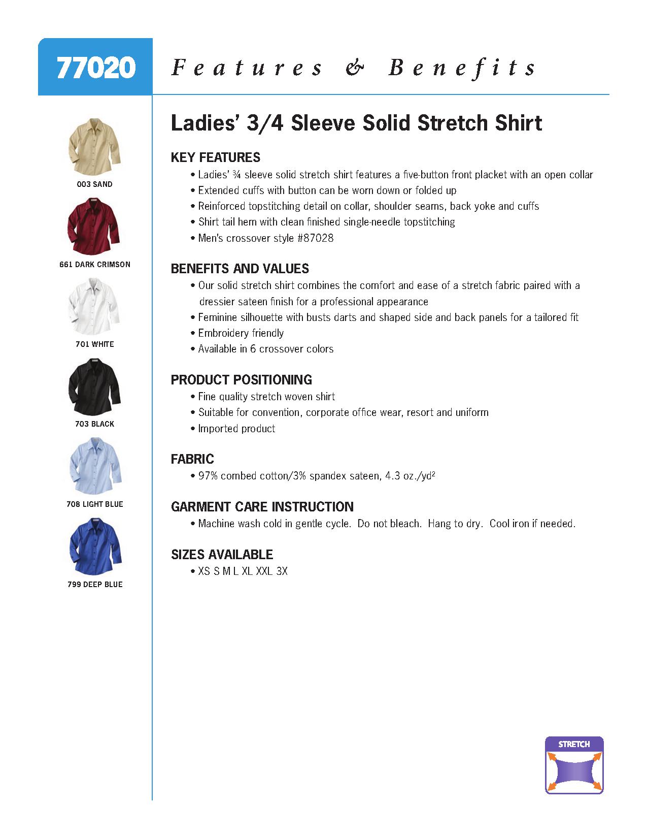 Ash City Stretch 77020 - Ladies' Three Quarter Sleeve Solid Stretch Shirt
