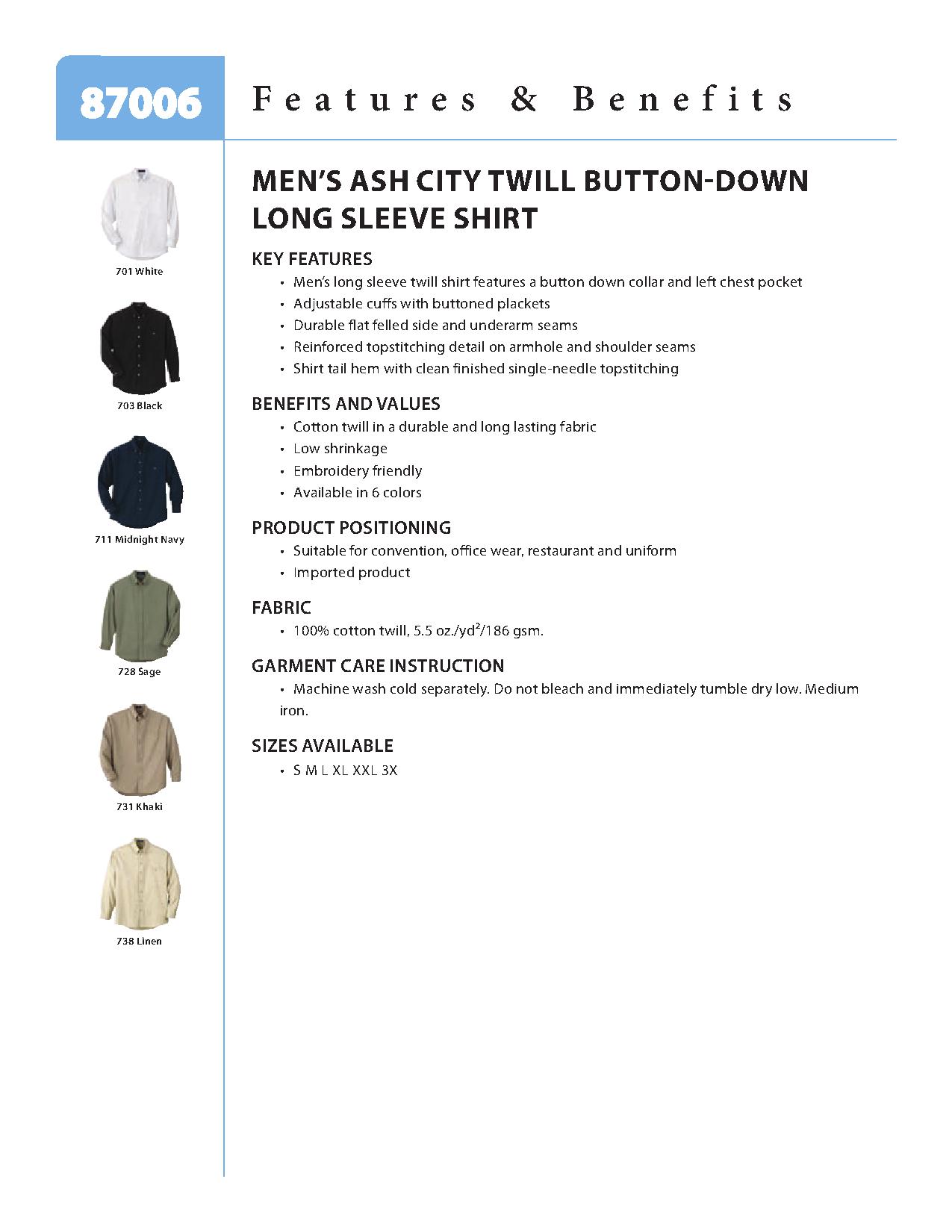 Ash City Twill 87006 - Men's Twill Button Down Lone Sleeve Shirt