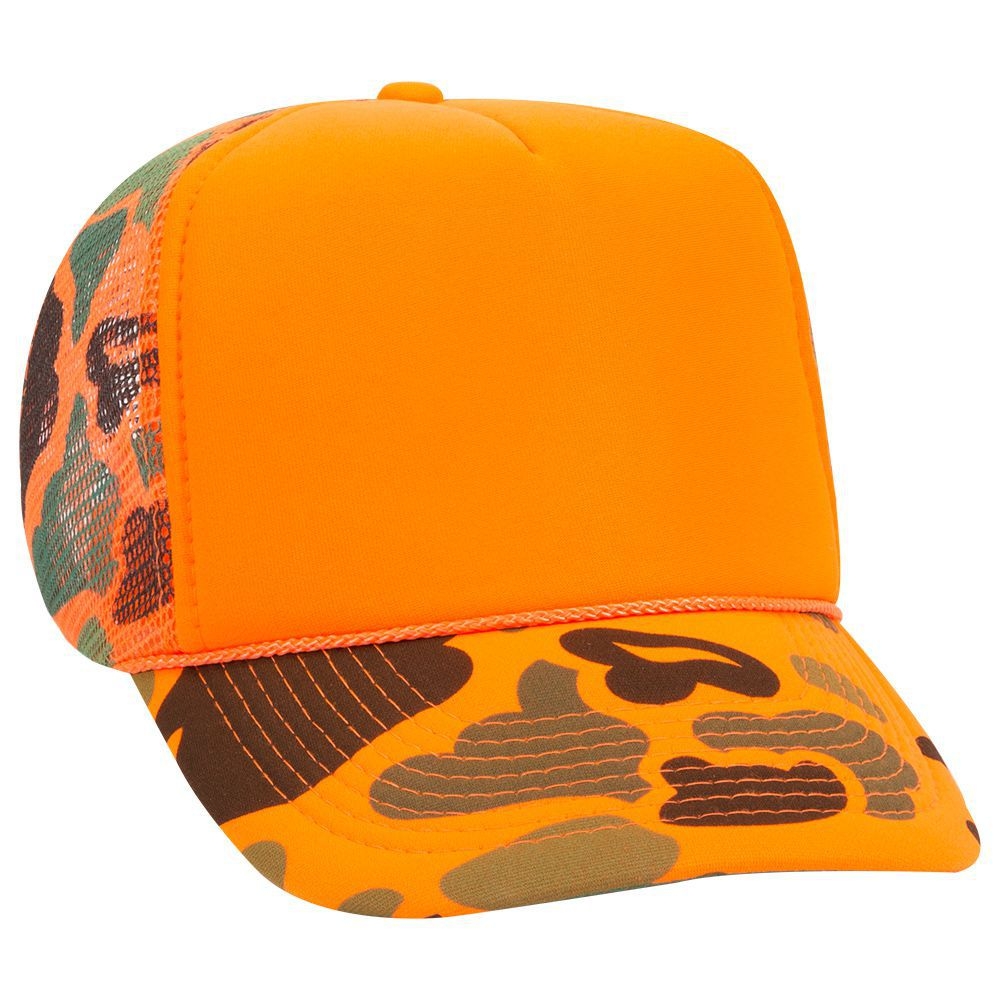 Neon camouflage polyester foam front five panel high crown golf style mesh back cap (plain front)