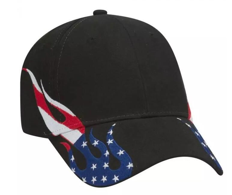 United States flag flame pattern brushed cotton twill two tone color six panel low profile pro style caps