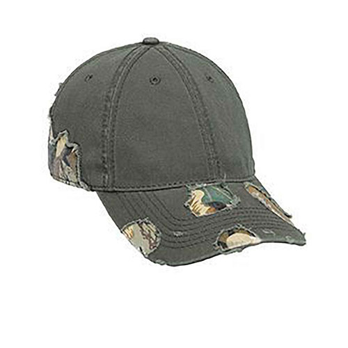 Camouflage distressed superior garment washed cotton twill two tone color six panel low profile pro style caps
