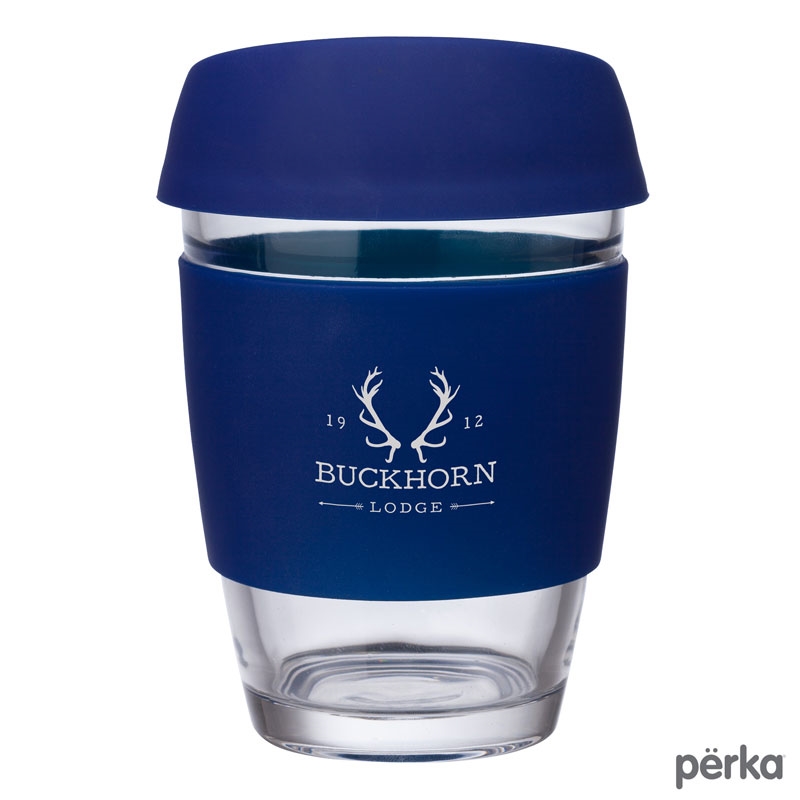 Perka® KM2801 - Rizzo 12 oz. Glass Mug w/ Silicone Grip & Lid