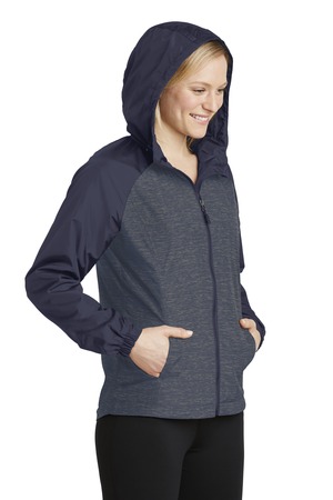 Sport-Tek® LST40-Ladies Heather Colorblock Raglan Hooded Wind Jacket