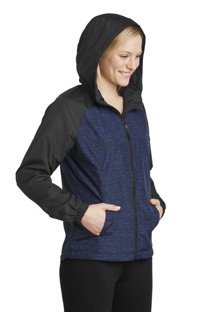 Sport-Tek® LST40-Ladies Heather Colorblock Raglan Hooded Wind Jacket