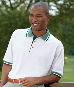 8536 UltraClub Adult White-Body Classic Pique Polo with Contrasting Multi-Stripe Trim 
