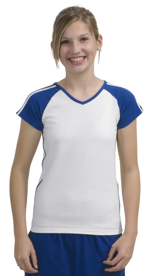 Sport-Tek L205 Ladies V-Neck Colorblock T-Shirt.