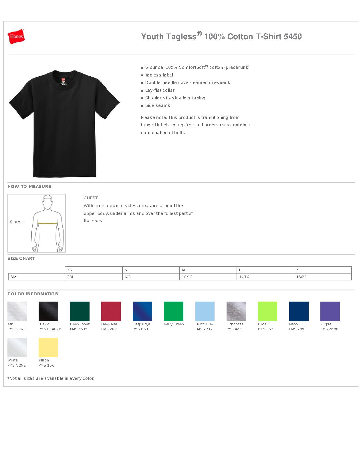 Hanes Tagless T Shirt Size Chart