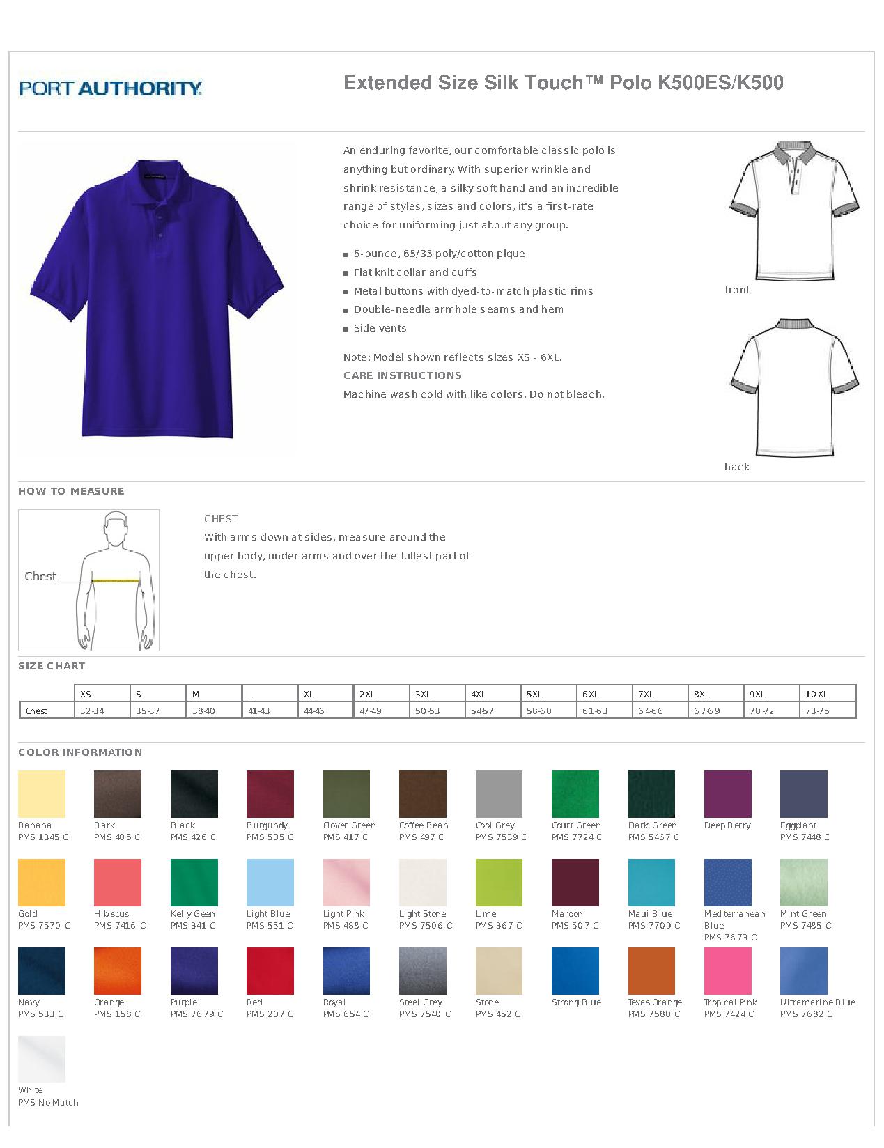 Port Authority Polo Shirt Size Chart