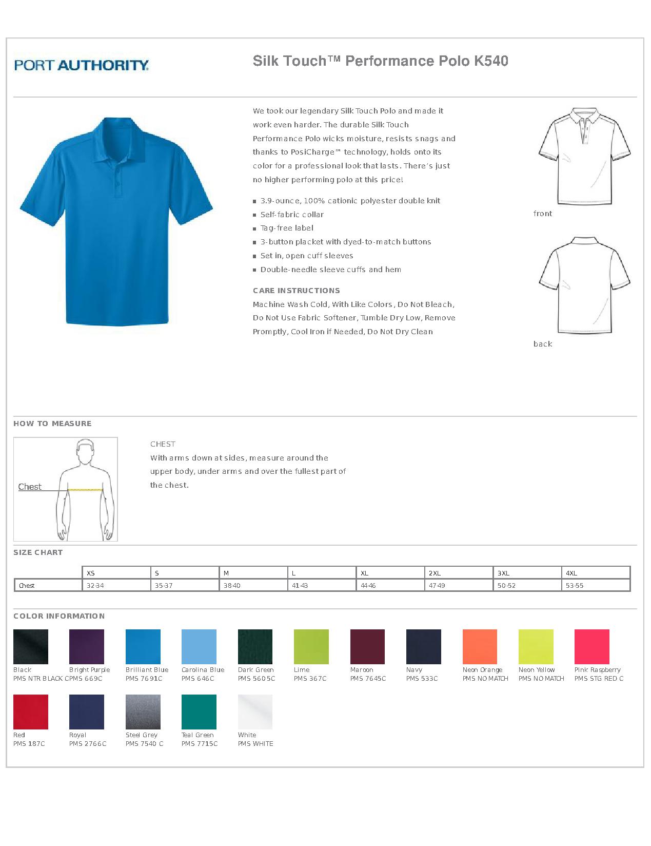 Port Authority Polo Shirts Size Chart