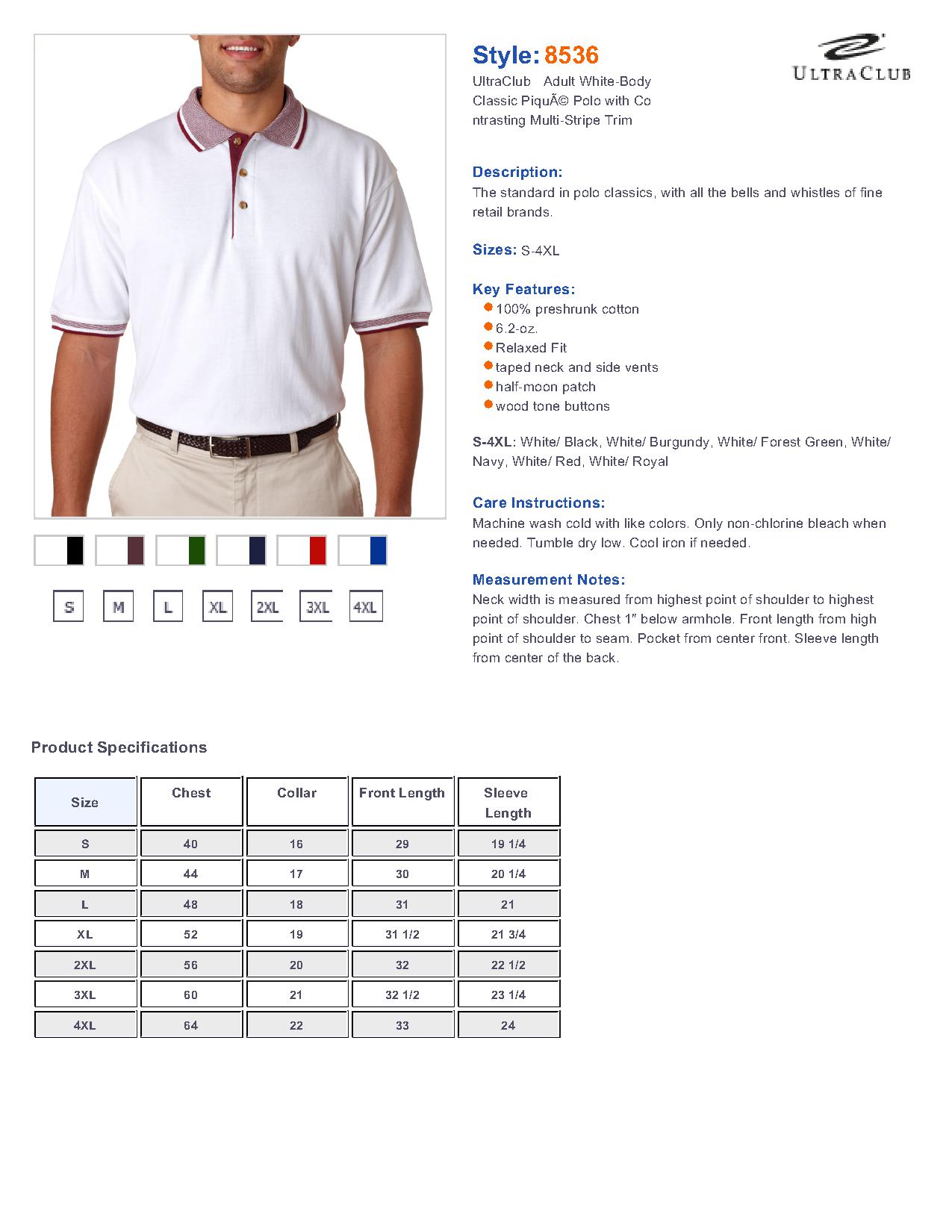 8536 UltraClub Adult White-Body Classic Pique Polo with Contrasting ...
