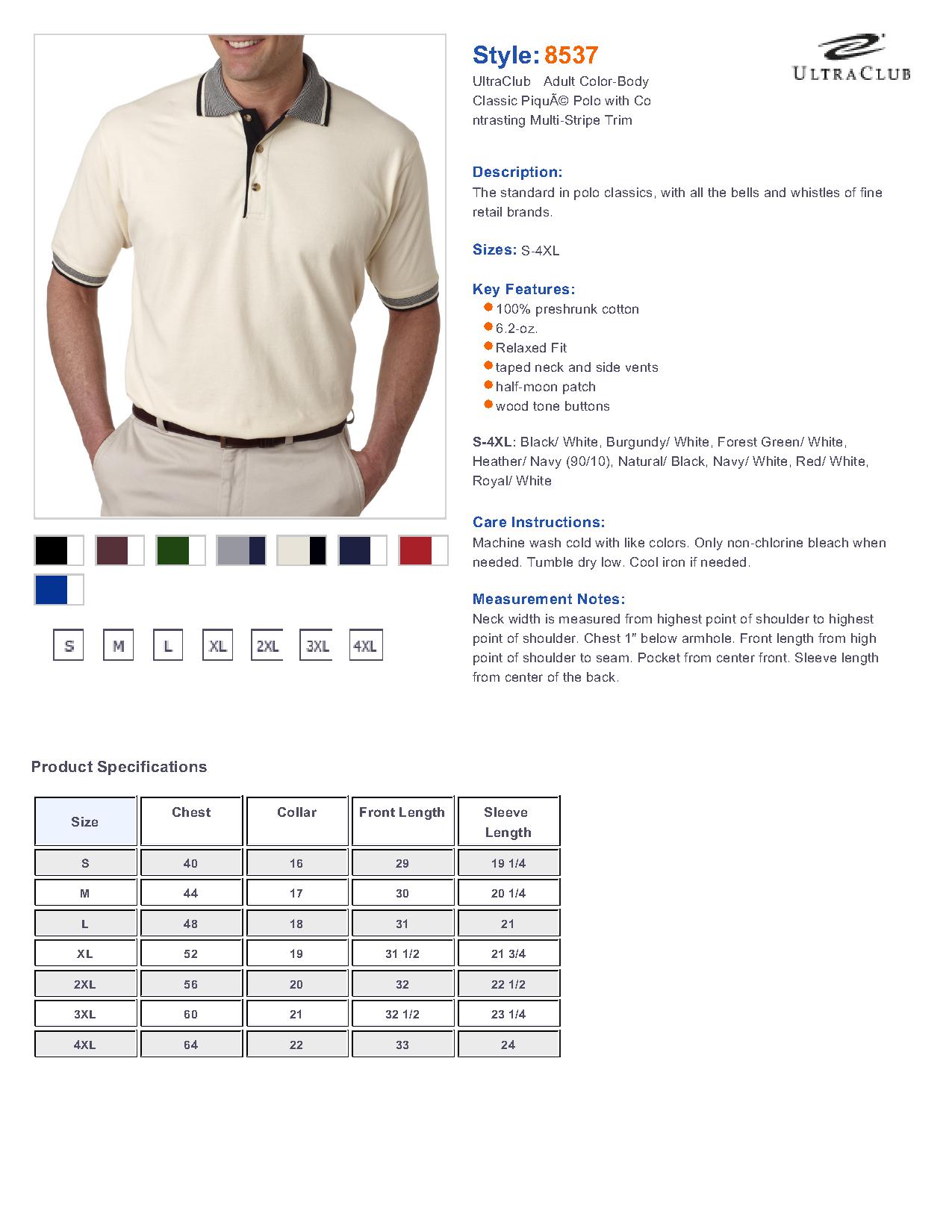 8537 UltraClub Adult Color-Body Classic Pique Polo with Contrasting ...