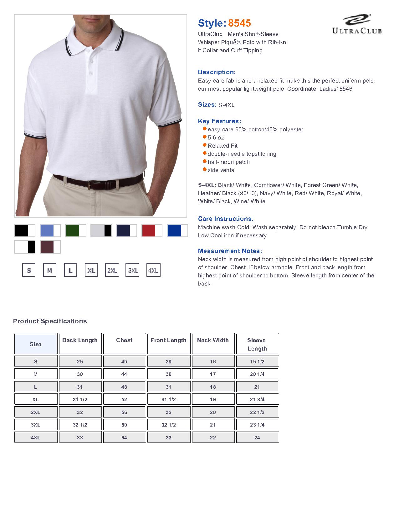 8545 UltraClub Men's Short-Sleeve Whisper Pique Polo with Rib Collar ...
