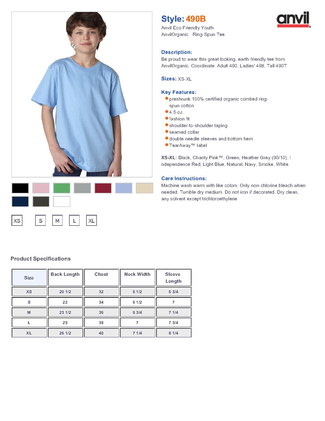 Anvil Youth Shirt Size Chart