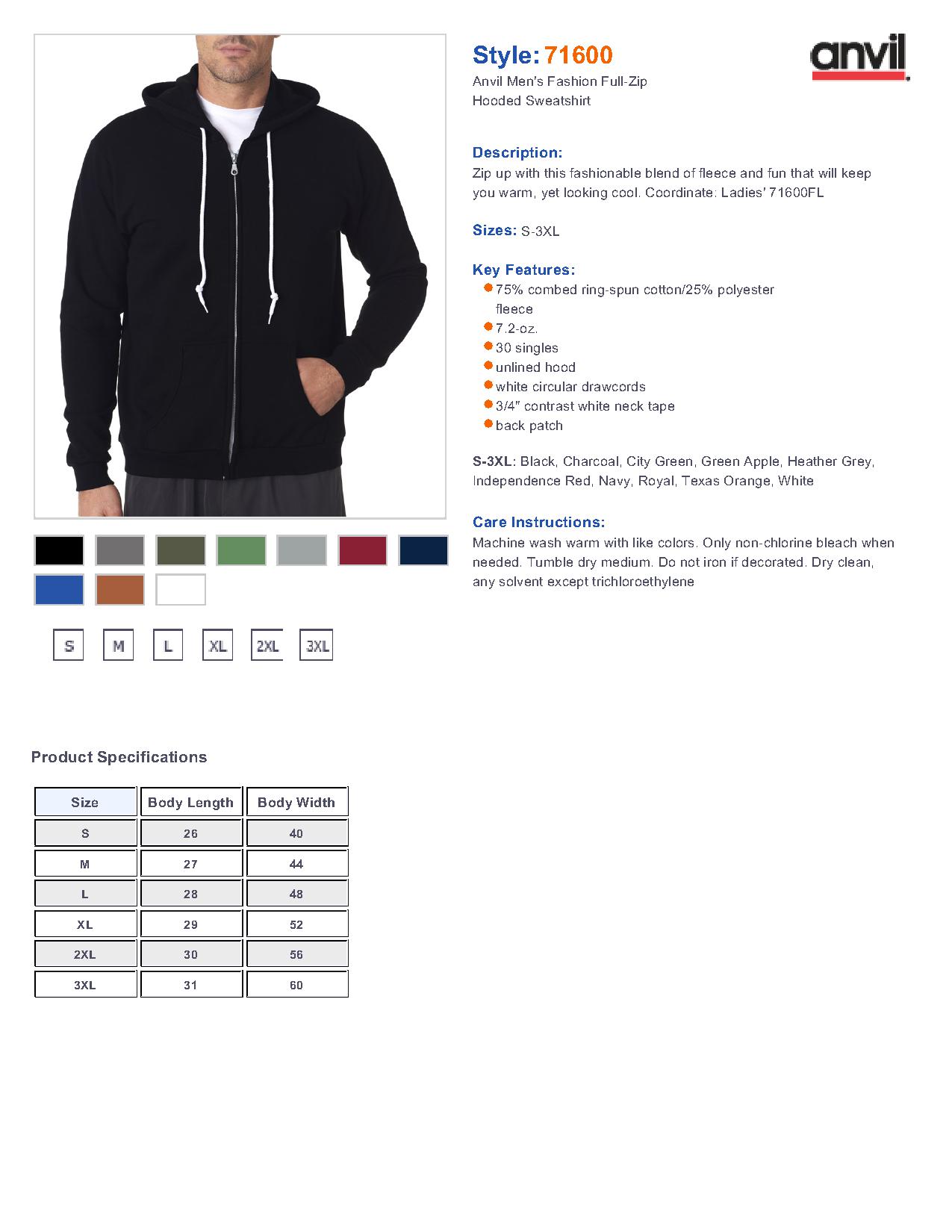 Anvil 71600 - Men's Fashion Full-Zip Hooded Sweatshirt $22.46 - Men's ...