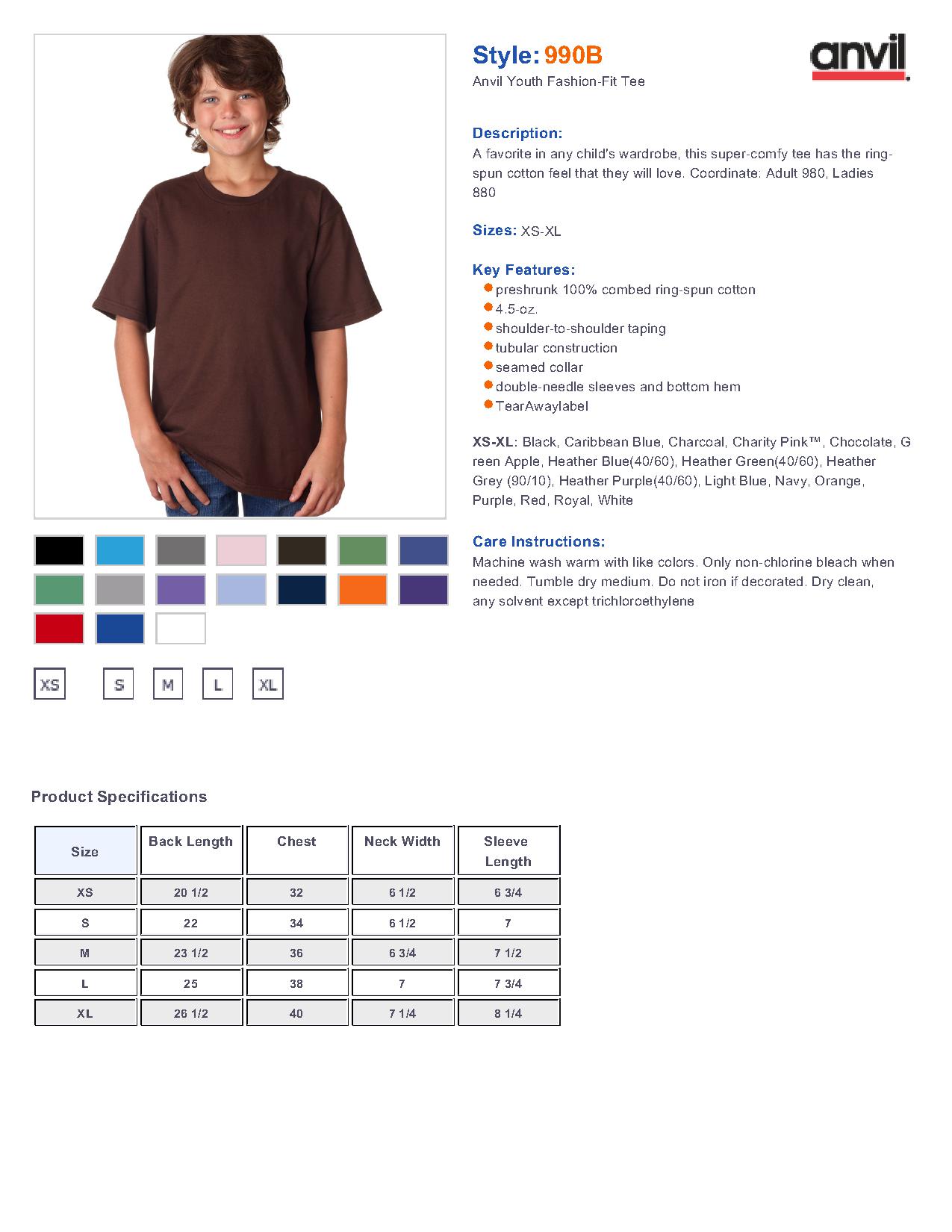 Anvil 990B Youth Ringspun Fashion Fit T-Shirt $3.89 - T Shirts