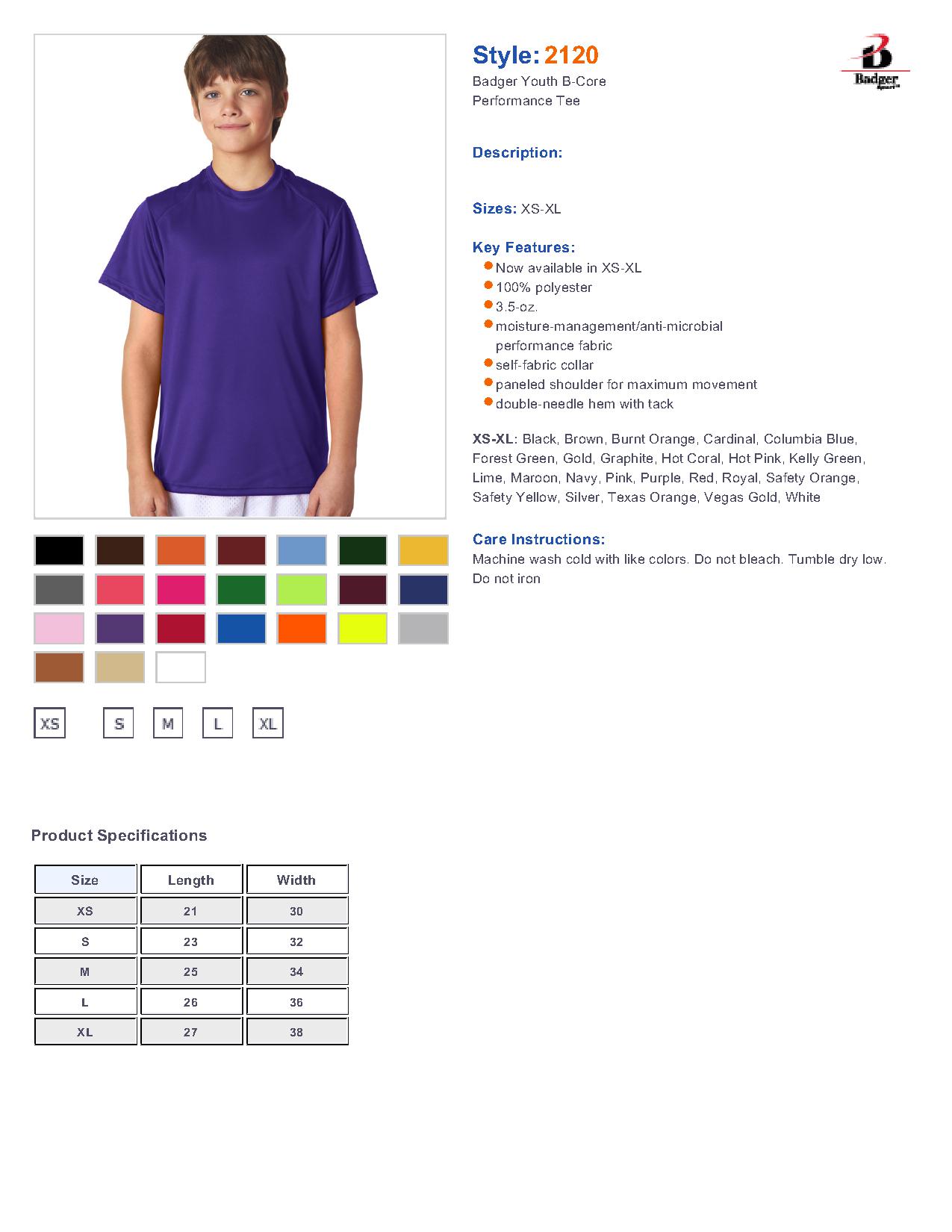 Badger Sport 2120 Youth B-Dry Core T-Shirt with Sport Shoulders $8.21 ...