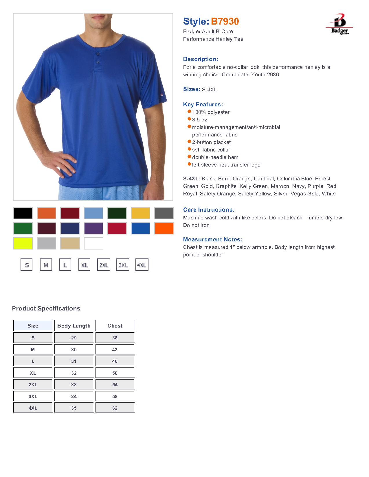 Badger Sport 7930 B-Dry Core Baseball Henley $12.08 - Polo/Sport Shirts