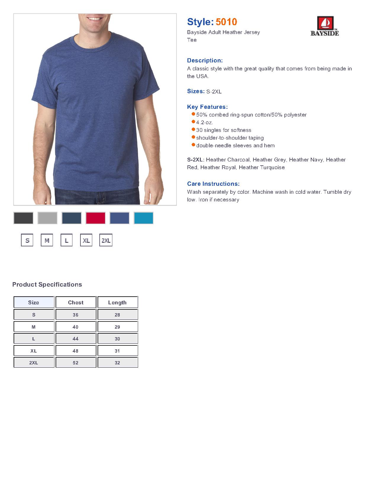 Bayside 5010 - Adult Heather Jersey Tee $9.74 - T-Shirts