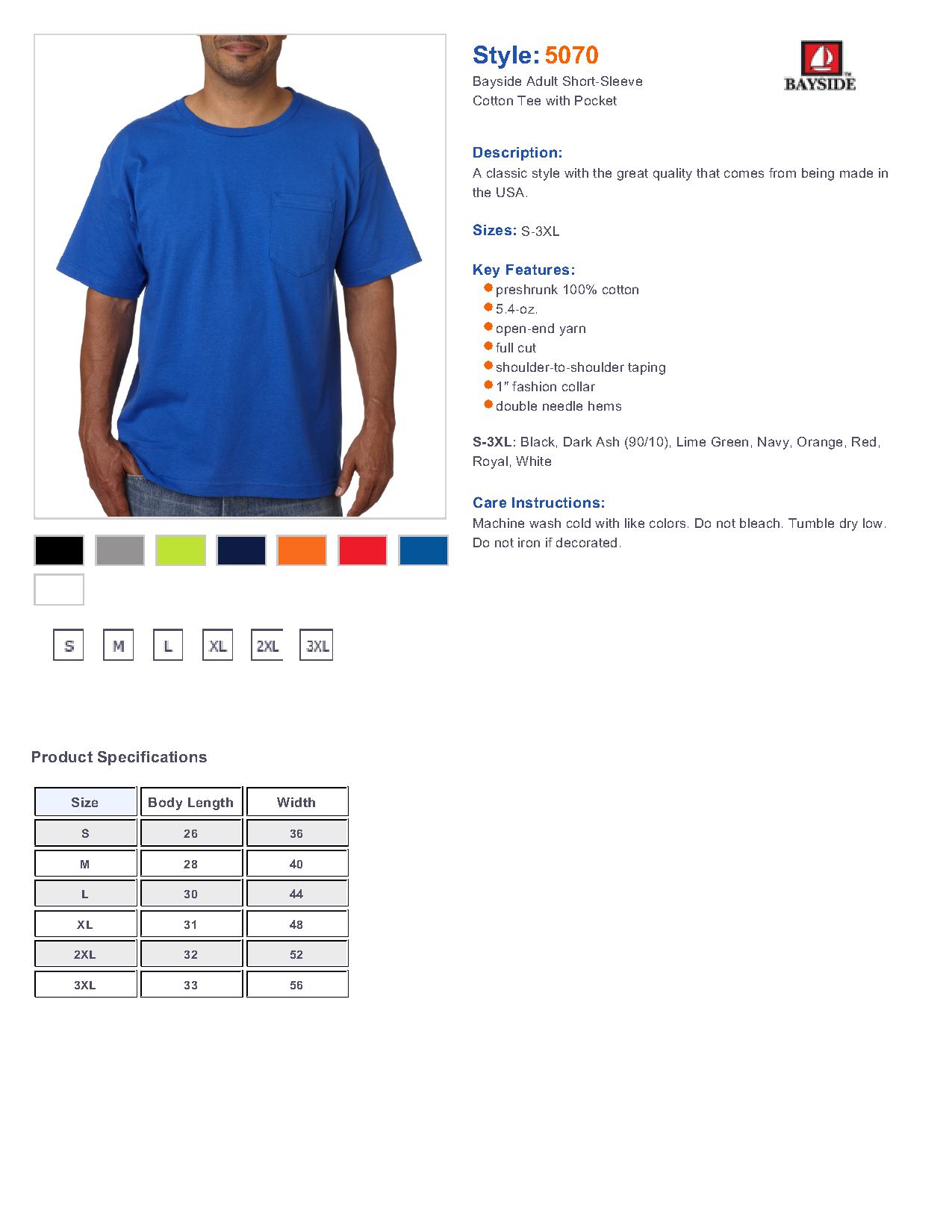 Bayside 5070 - Adult Short-Sleeve Cotton Tee with Pocket $6.73 - T-Shirts