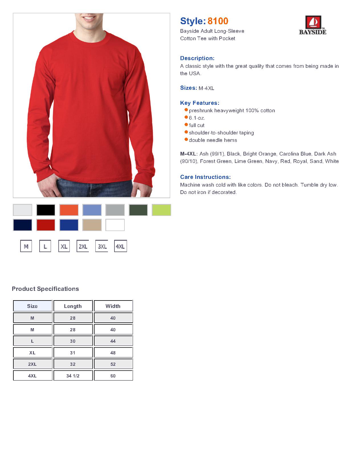 Bayside 8100 Long Sleeve T-Shirt with a Pocket $15.24 - T-Shirts