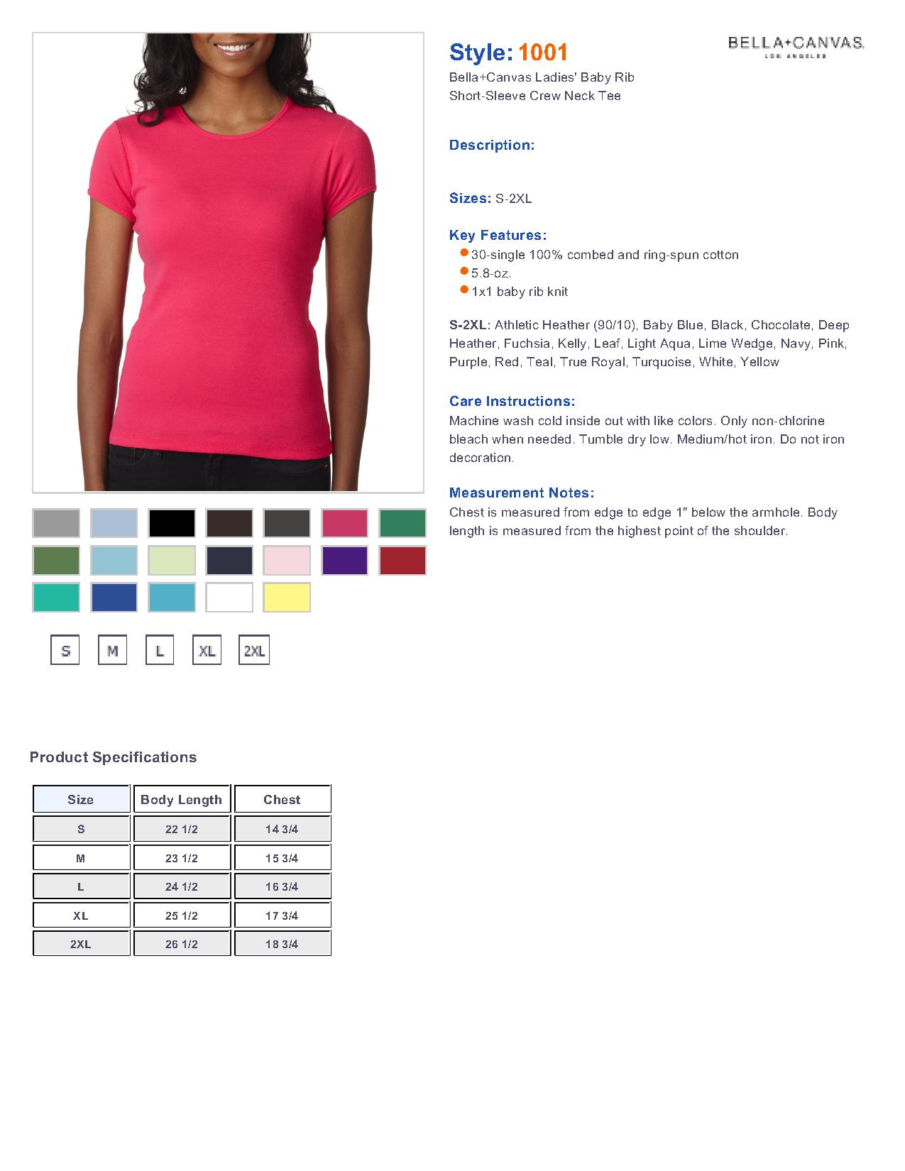 bella 1001 Ladies' 1x1 Rib Short Sleeve Crewneck T-Shirt $6.57 - T Shirts