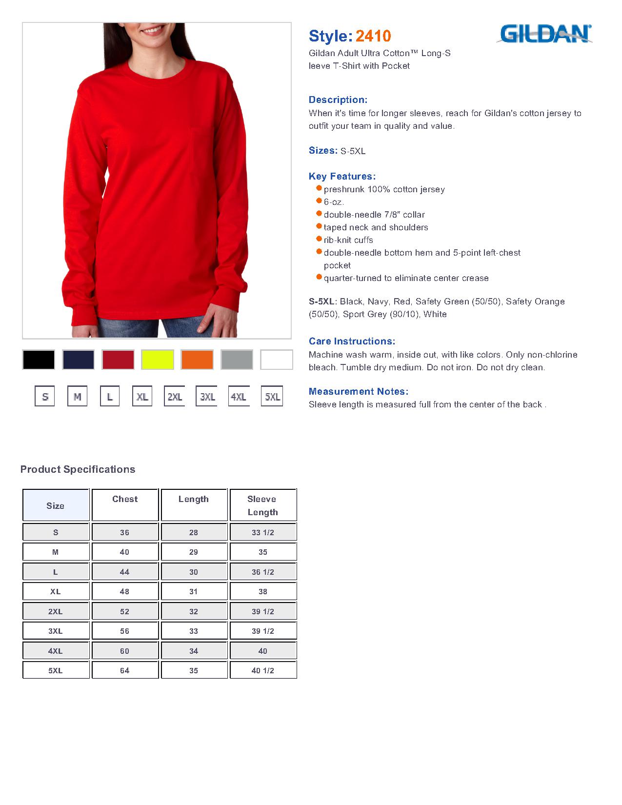 Gildan 2410 Ultra Cotton Long Sleeve T-Shirt with a Pocket $7.42 - T Shirts