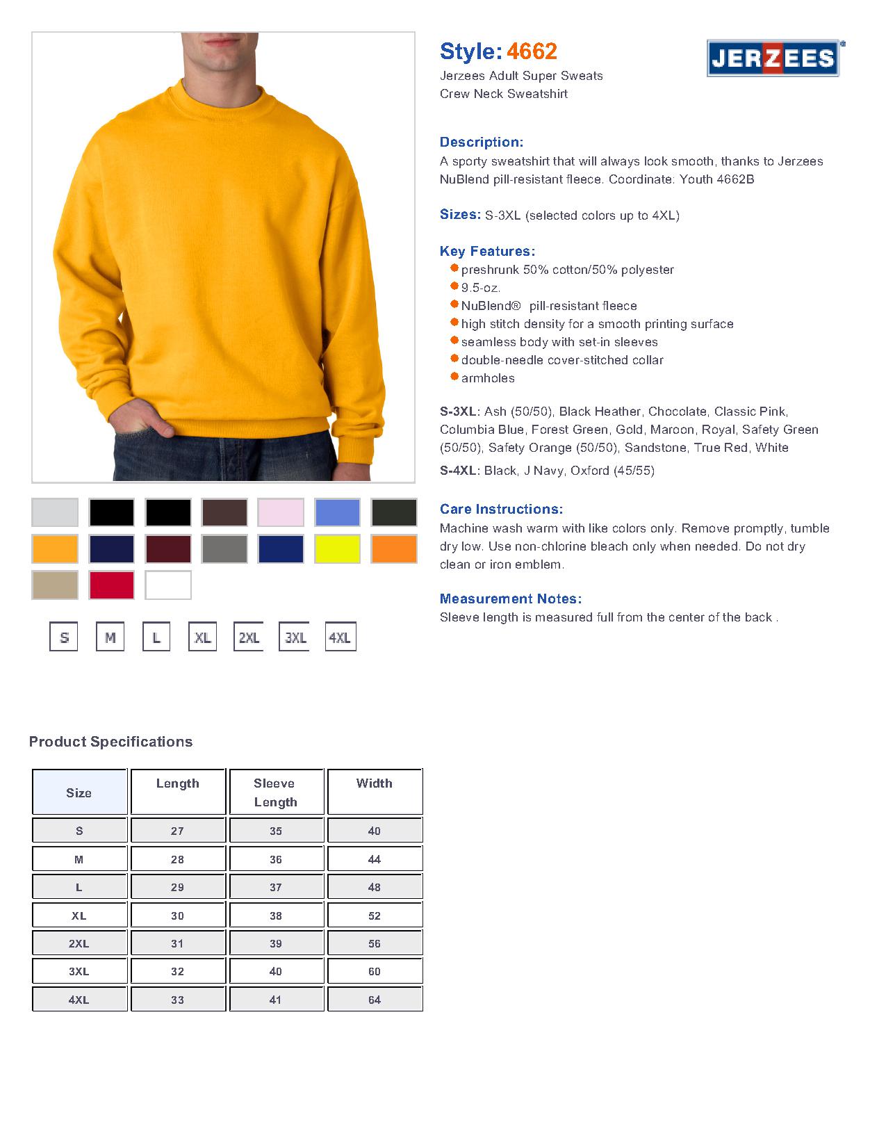 Jerzees 4662 9.5 oz. Super Sweats50/50 Fleece Crew $13.39 - Sweatshirts