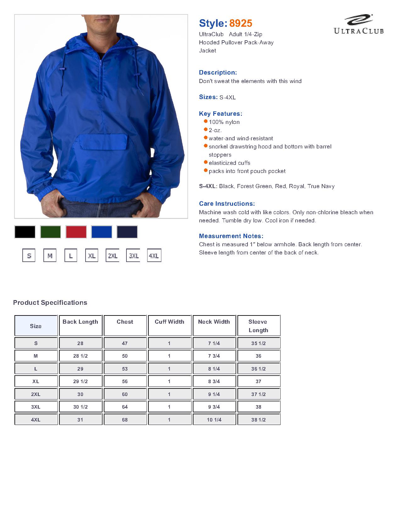 UltraClub 8925-Adult 1/4-Zip Hooded Pullover Pack-Away Jacket $22.77 ...