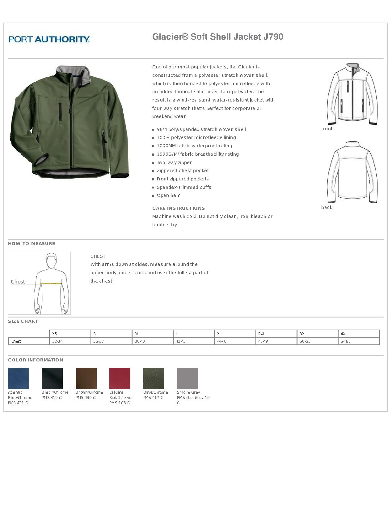 Port Authority Glacier Soft Shell Jacket Size Chart