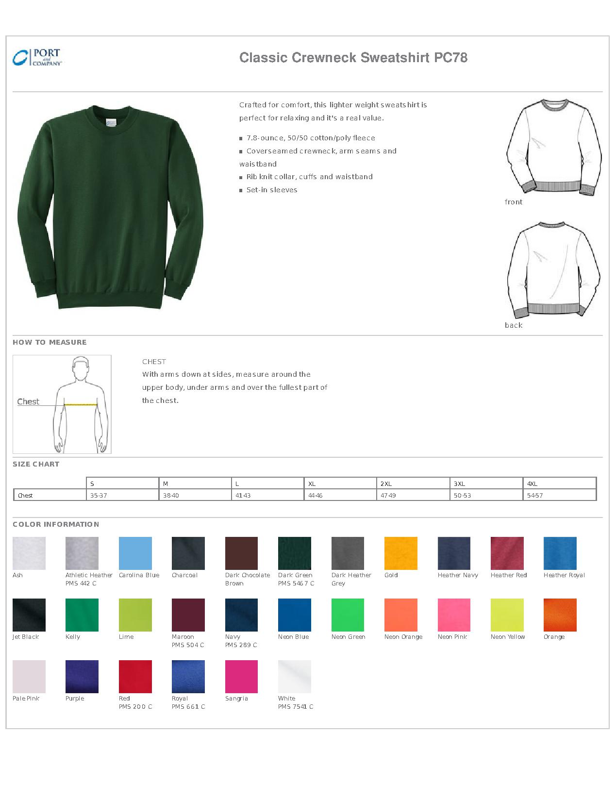 Port And Company Sweatshirt Size Chart