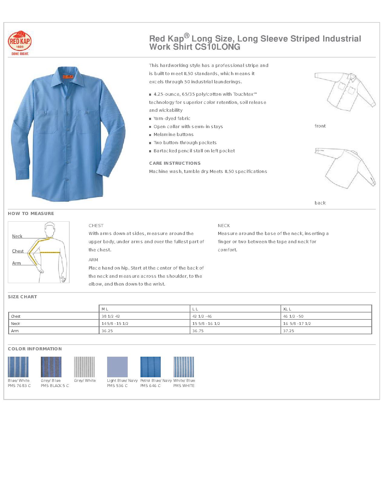 Red Kap Work Shirt Size Chart