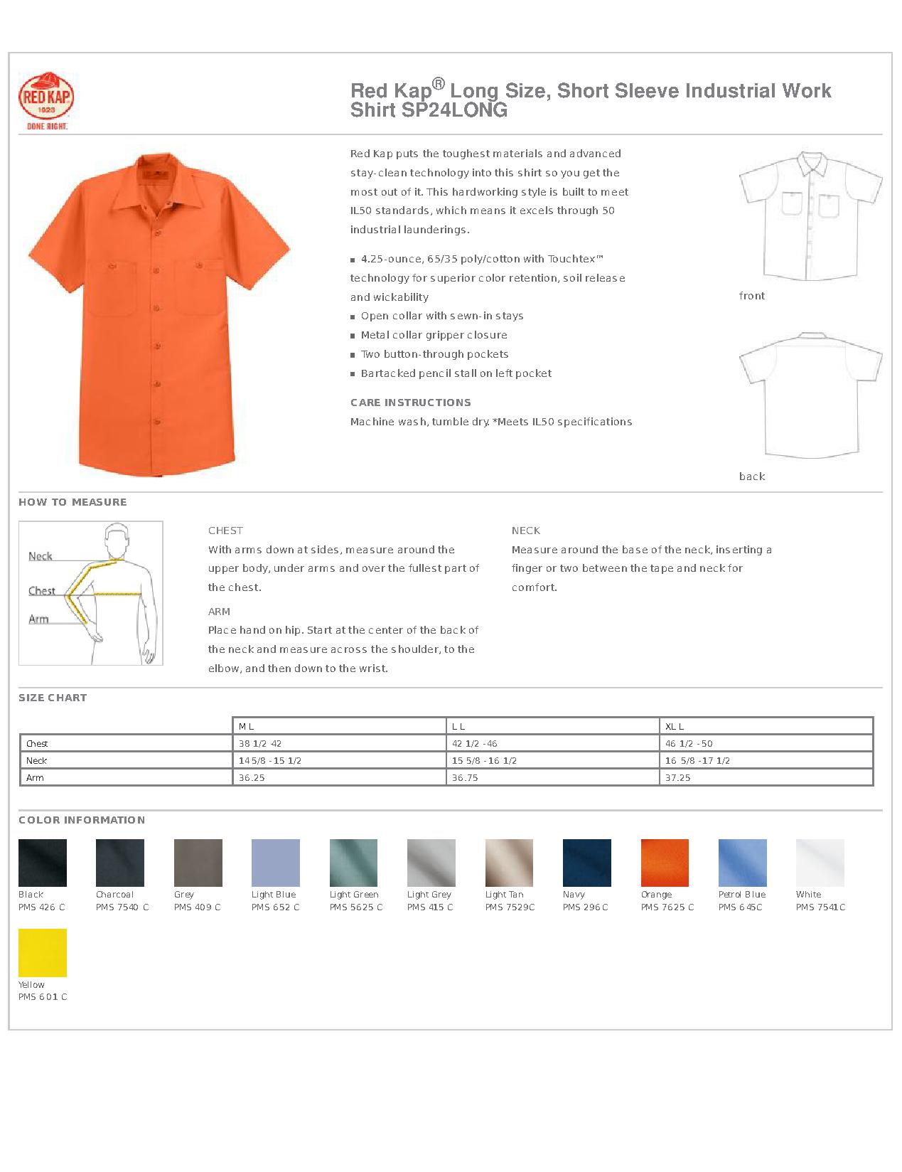 Red Kap Shirt Size Chart