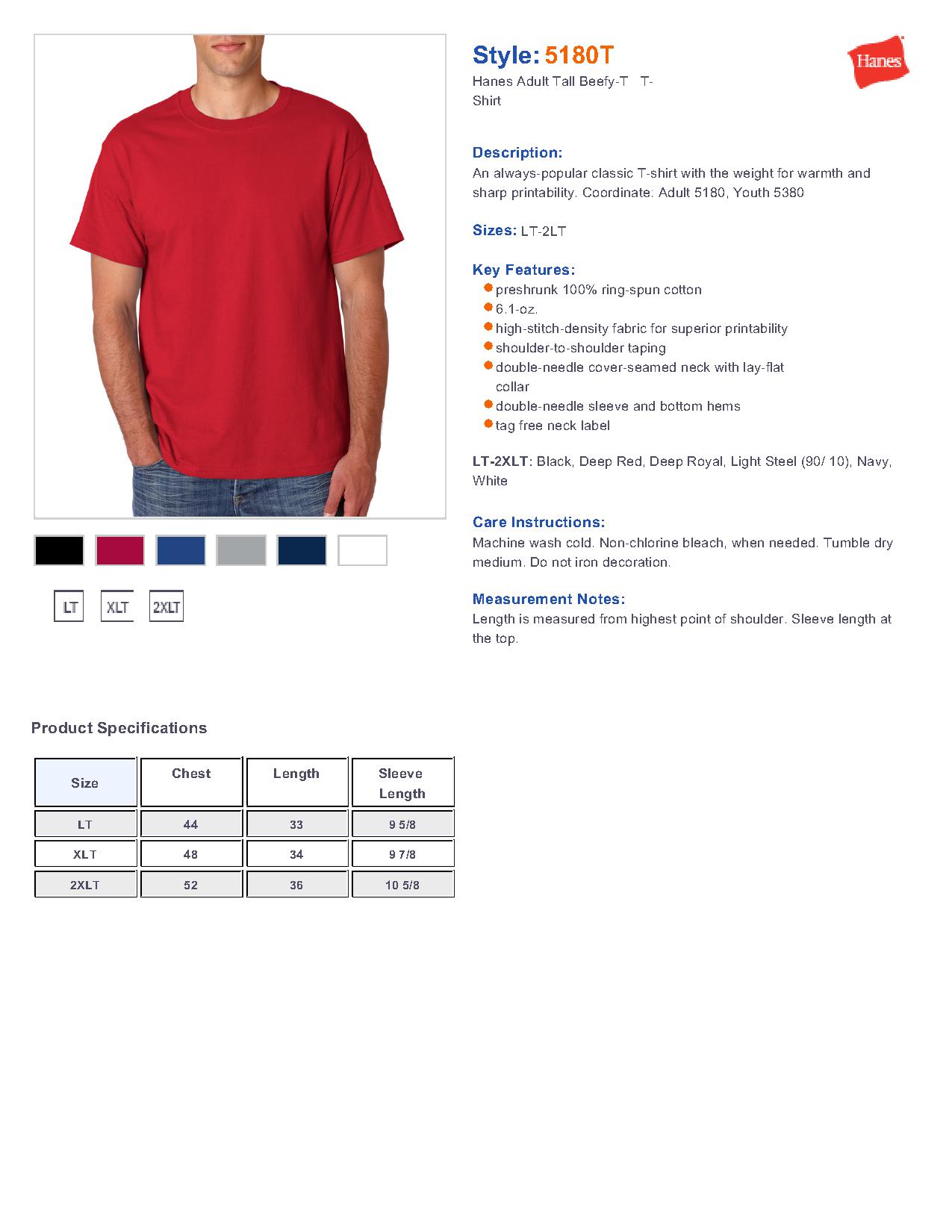 Hanes 5180t Adult Tall Beefy T T Shirt 6 24 Men S T Shirts