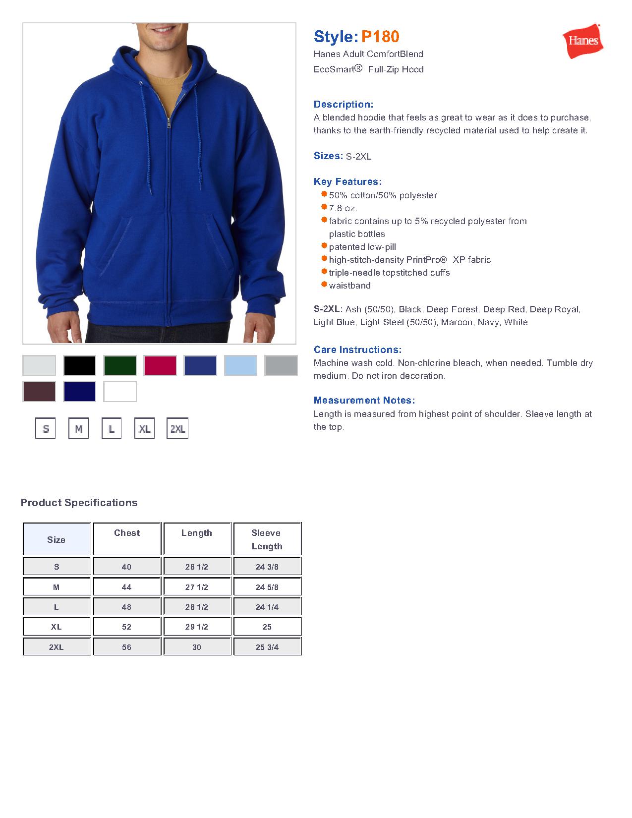 Hanes P180 - Adult ComfortBlend EcoSmart Full-Zip Hooded Pullover $18.77 -  Sweatshirts